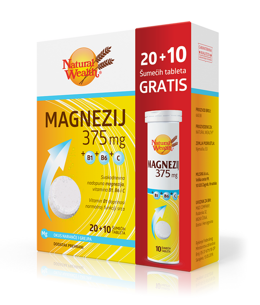 Natural Wealth Magnezij 375 mg + vitamini B1, B6 in C - 30 šumečih tablet