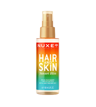 Nuxe Hair & Skin Sunset Bliss 100ml spray for aromatherapy, featuring vibrant packaging and tropical scent.