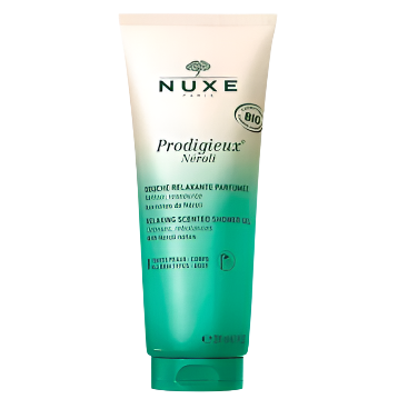 Nuxe Huile Prodigieuse Neroli shower gel, 200ml tube packaging for skincare, nourishing and fragrant experience.