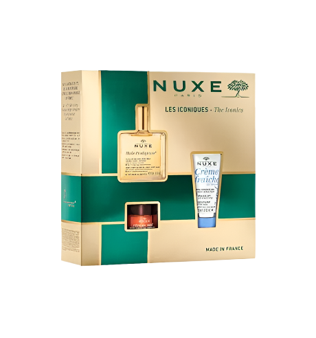NUXE Bestseller Set packaging featuring iconic skincare products, perfect for skin care and gifting.